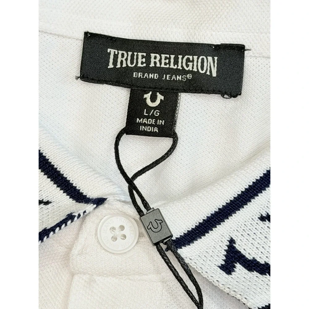True Religion LS Jacquard Polo Shirt White Long Sleeve Large NWT 108888
